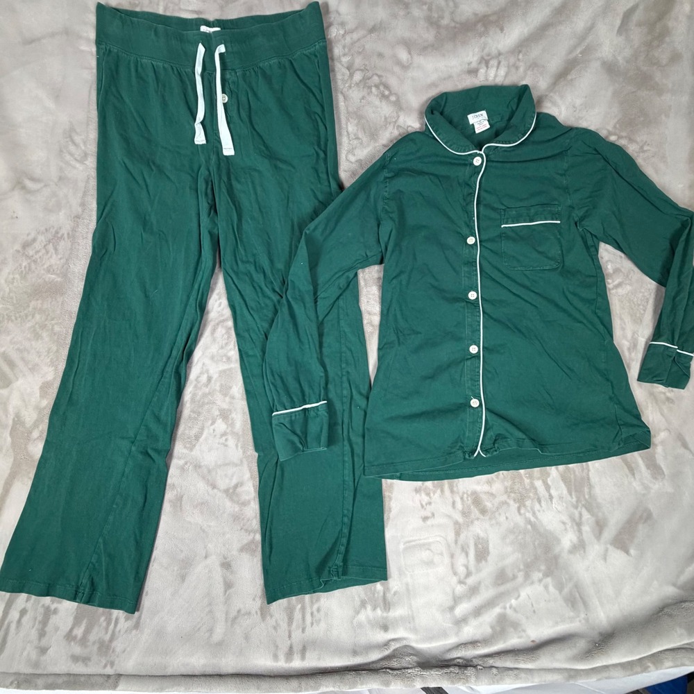 J.Crew Womens Forest Green Cotton Knit Pajama Set Medium Long Sleeve Drawstring